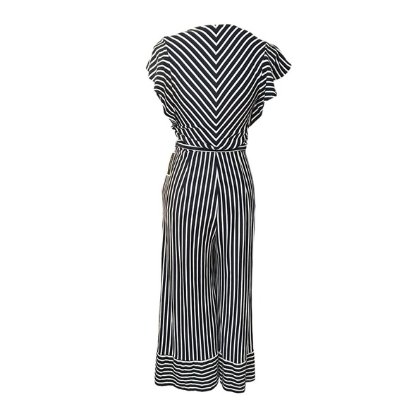 NWT ECI New York Zip Front Belted Wide Cropped Leg Striped Jumpsuit SZ S Navy - Picture 5 of 9